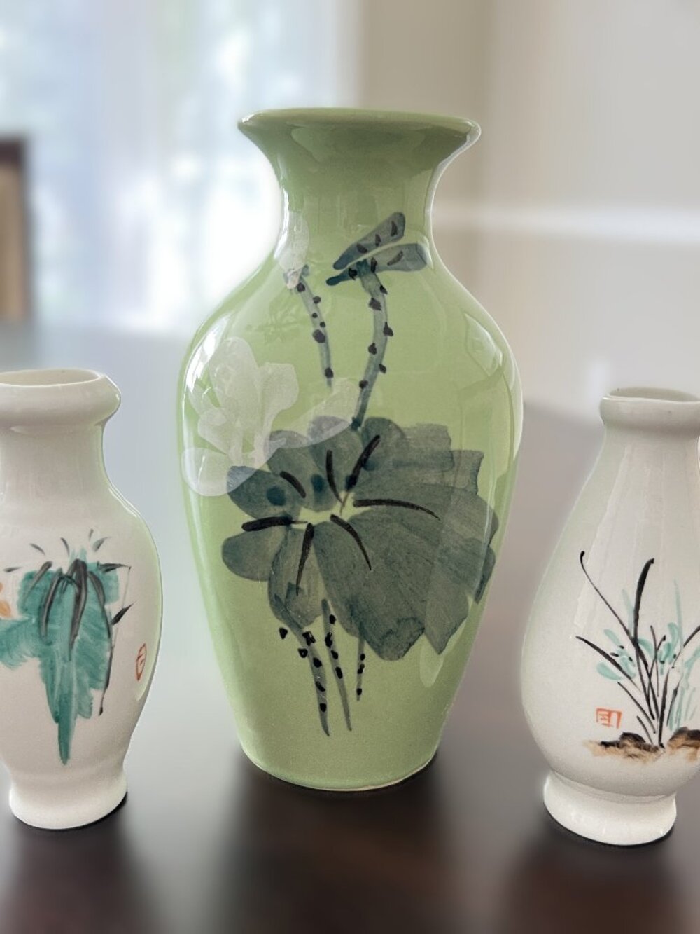 3 Pc Vintage Asian Chinese Porcelain Mini Vases Hand Painted Lotus Bamboo Orchid